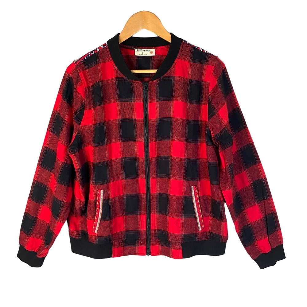 Ruff Hewn Bomber Jacket Womens L Red Black Buffalo‎ Plaid Embroidered Heritage
